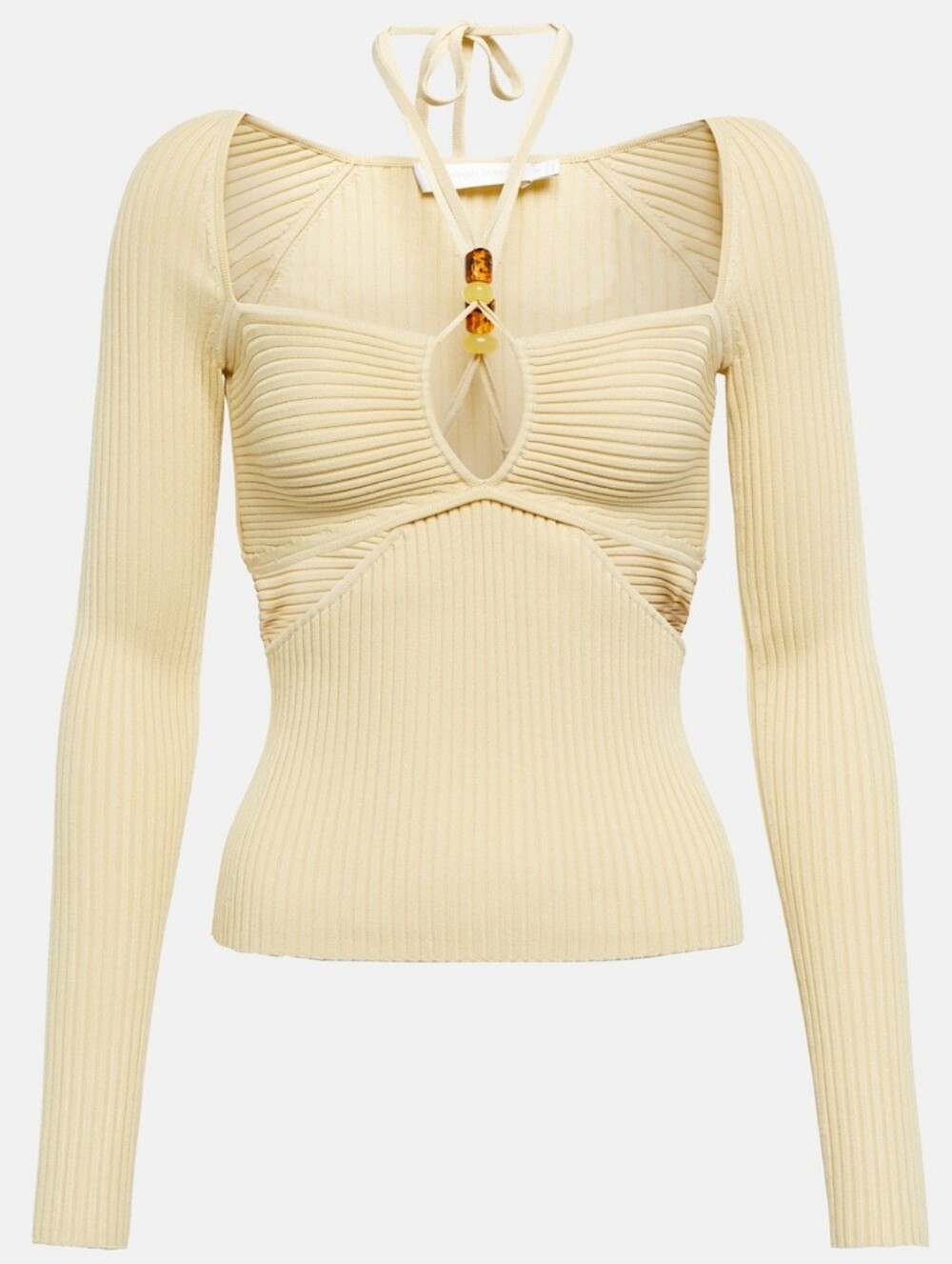Jonathan Simkhai Ribbed Knit Cutout Long Sleeve Top with Halter Tie, Small